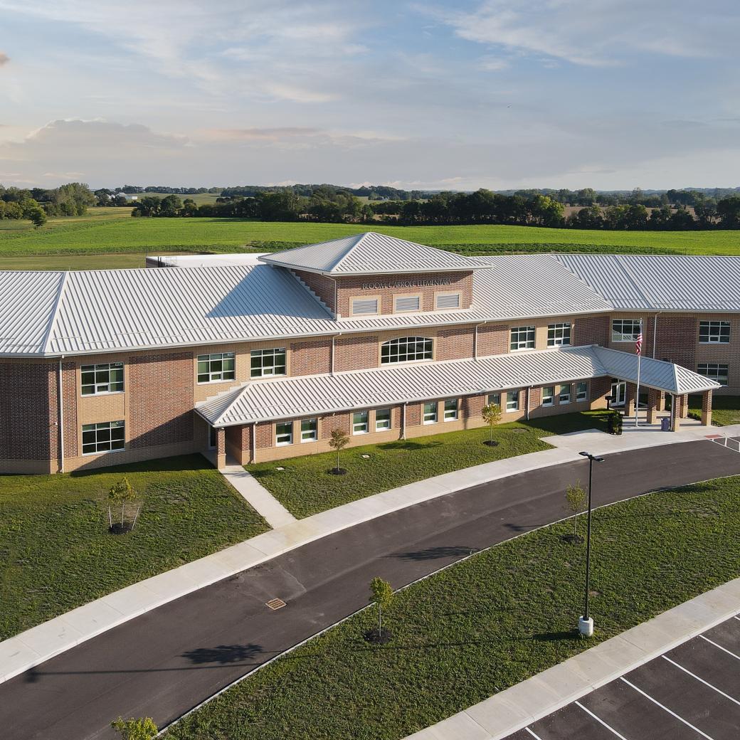 Exterior drone view of new elementary school 